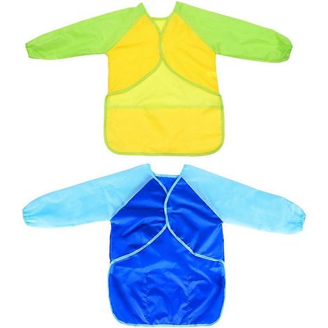 Lot de 2 tabliers de peinture à manches longues imperméables en PVC enduit, tabliers de cuisine anti-salissures pour enfants (bleu + jaune)-60X45CM-Blue