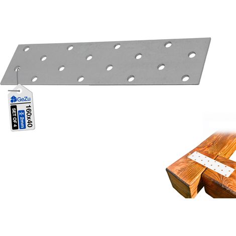Lot de 4 Plaque d’assemblage plate galvanisée – 160 x 40 mm – Connecteur métallique perforé robuste pour fixation et renfort de structures en bois – GeZu Impex
