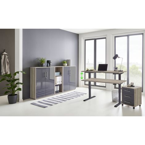 BMG Möbel Büromöbel komplett Set mit elektrisch höhenverstellbaren Schreibtisch Arbeitszimmer e-Dition in Eiche Sonoma/ anthrazit Hochglanz lackiert/ Gestell anthrazit (1/3)