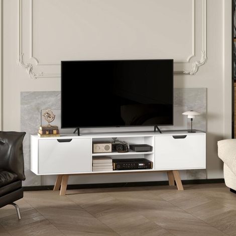 Meuble TV, meuble TV pour téléviseurs jusqu'à 65 pouces, lowboard avec 2 armoires et 2 étagères, meuble TV pour salon, 150 x 39 x 50 cm, blanc (1/5)