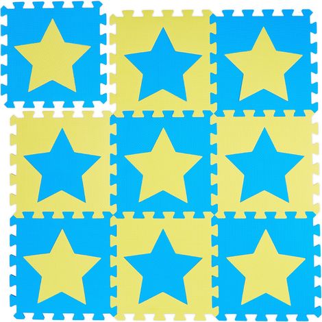 Relaxdays Puzzlematte Sterne, 9 Stück, 18 Teile, EVA Schaumstoff, schadstofffrei, Spielunterlage 91 x 91 cm, blau-gelb