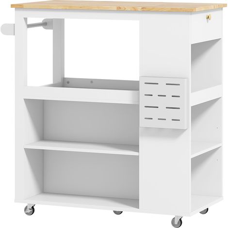 GagaDesserte îlot de cuisine desserte à roulettes plateau en bois d'hévéa 4 étagères réglables porte-couteaux blanc (1/5)