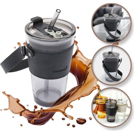 Tazza in vetro colorato ECARLA con cannuccia e chiusura 480ml Grafite CUP09GRAF (1/5)