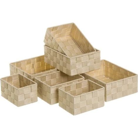 Lot de 7 panier de rangement tressé, caisse de rangement rectangulaire en polypropylène coloris beige -JUANIO- (1/3)