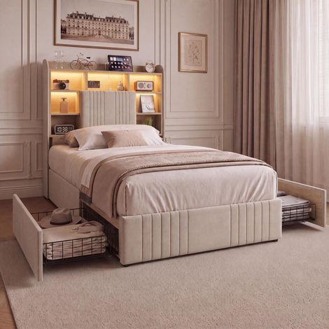 Lit avec tiroirs 90x200 cm avec LED RGB, Tête de Lit avec étagères, cadre de lit moderne en tissu lin respirant, Beige (1/5)
