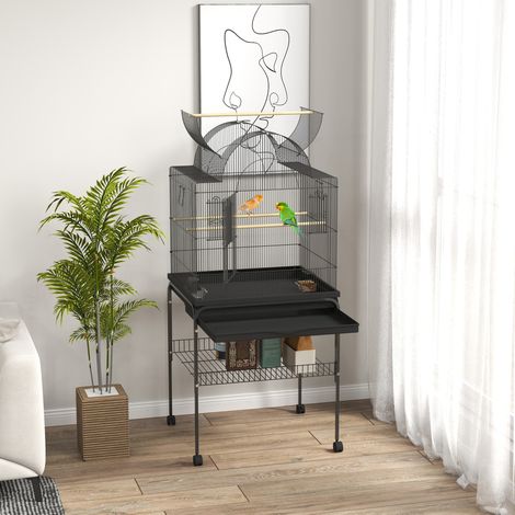 Jaula para pájaros de acero negro con ruedas, bandeja extraíble y estante 63 x 53 x 144 cm (1/5)