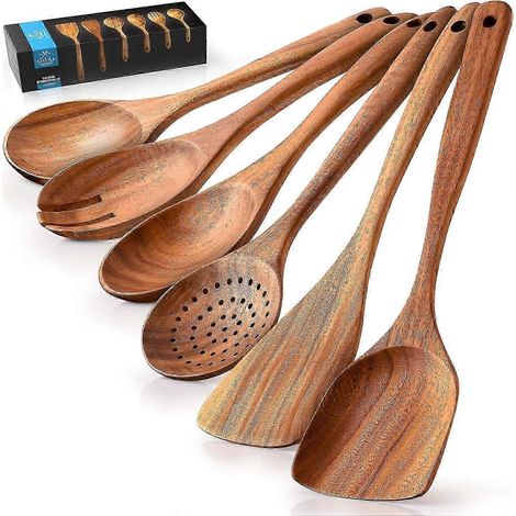HEYTEA Ustensiles de cuisine en bois de qualité supérieure - Ensemble de 6 pièces - Cuillères en bois de teck à finition lisse et revêtement antiadhésif, avec poignée souple et confortable. (1/2)