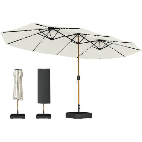 Ombrellone doppio da giardino 4,6 x 2,6 m con 48 LED, base a manovella, sacche di zavorra, colore crema resistente ai raggi UV