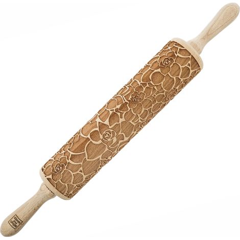 Mattarello in legno MoodForWood, inciso, 43 cm con manici, perfetto per la cottura al forno - Motivo piante grasse (1/5)