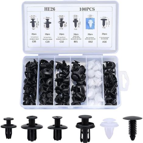100 Pièces Clips Voiture Universel, 6 Taille Clips de Fixation Voiture Outils, Rivet Plastique, Agrafes Carrosserie pour Pare-Chocs Porte de Voiture Fender Push Kit de Remplacement (1/5)