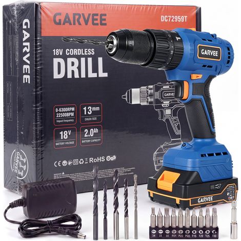 Perceuse Visseuse Percuteuse Brushless 18V 60 Nm - Mandrin Métallique 13 mm - 2 Vitesses - Embrayage 20+1+1 - Batterie 2,0 Ah + Chargeur Rapide - Kit 57 Pièces avec LED (1/5)