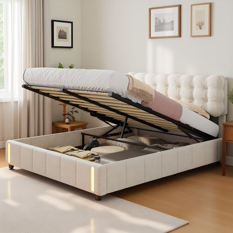 Polsterbett Doppelbett 140x190 cm mit LED, mit hydraulisch und Stauraum, Modernes Jugendbett, Bettgestell mit Kopfteil und Lattenrost, Velour Beige, Ohne Matratze
