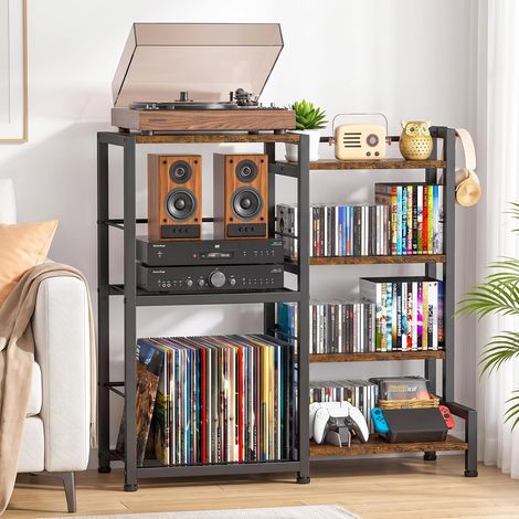 Étagère CD avec support pour disques vinyles, étagère à 7 niveaux pour DVD et Blu-ray  Support compact pour CD et DVD avec support de platine pour CD, DVD, jeux et livres - Pour salon, maison, bureau (1/5)