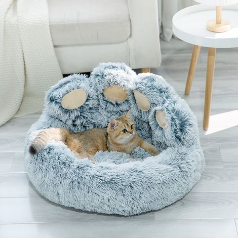 Panier moelleux et apaisant pour chiens et chats, en forme de patte d'ours, adapté aux petits chiens et chats, bleu, 55 x 55 x 38 cm