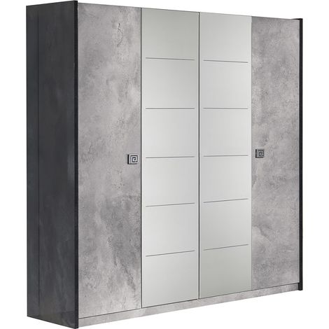 HYDE - Armoire 4 Portes avec Miroir Gris Effet Pierre (1/3)