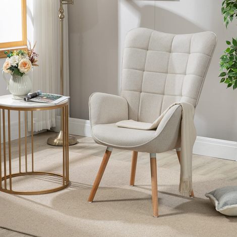 Fauteuil Salon Scandinave Confortable Chaise de Coiffeuse Canapé pour Chambre Salle à Manger Bureau Allaitement avec Assise Épais Accoudoirs Rembourés en Tissu Pieds Bois Massif, Beige (1/5)