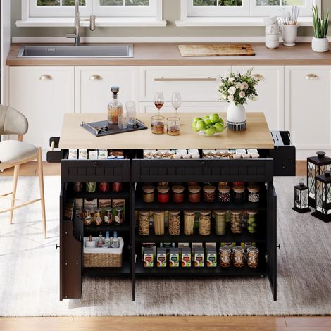 Carrito de cocina - Isla de cocina 137 x 89,5 x 45 cm con tapa abatible, almacenamiento completo, MDF, con ruedas - natural y negro