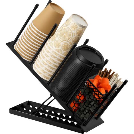 Youyijia Adjustable 4-Compartment Cup & Lid Holder with Removable Straw Basket Heavy-Duty Metal Coffee Cup Dispenser for Bar Office Restaurant Organizes 100 Disposable Cups Straws & Pods (Black) (1/5)