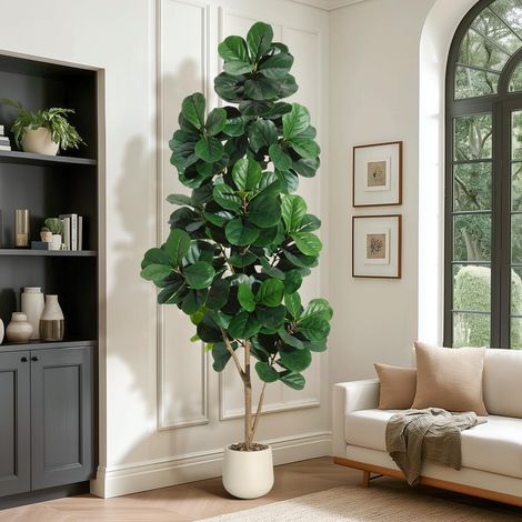 Arbre Ficus Lyrata Artificiel – Plante Décorative d’Intérieur Très Réaliste, Feuilles Denses, Facile à Monter, Idéal pour Salon ou Bureau, Pot Blanc 22cm, Cadeau Crémaillère,210cm