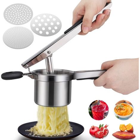 Dailygoods, Prensa para patatas de acero inoxidable, Puré con 3 coladores intercambiables, Mango antideslizante, Machacador multifuncional (1/5)