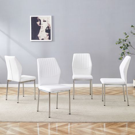 Lot 4 chaises luxe discret – Dossier PU blanc – Motif vertical relief – Pieds argenté – Salle à manger/Salon (1/5)