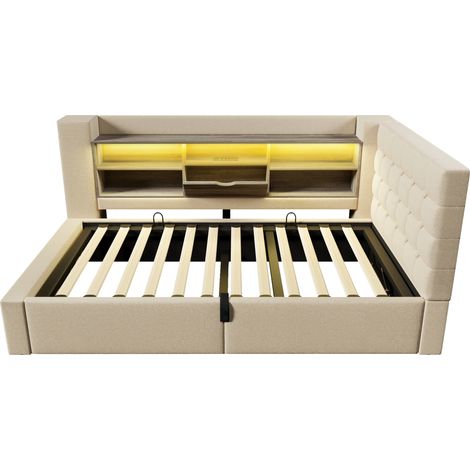 Stauraumbett 90x200 cm mit LED, USB-Anschlüssen und Matratze, Beige (1/5)