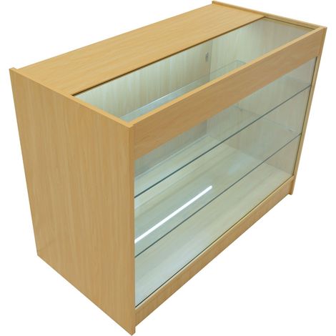 Mostrador Comercial con Luz LED K1200  MDF Color Arce y Vidrio Templado  120x60x90cm  3 estantes  Puertas con cerradura  Ideal para tiendas y comercios  Fácil Montaje  Mostrador Recepción Expositor