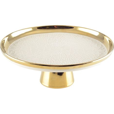 Plat à Tarte sur Pied en Céramique Crème et Doré - Plat de Présentation 26,5 cm - PANGIVO (1/4)