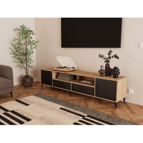 Bestmobilier – Meuble TV effet bois et métal noir 200 cm – Design industriel – Rangement avec 2 portes et 2 tiroirs – Ouverture circulaire pour câbles