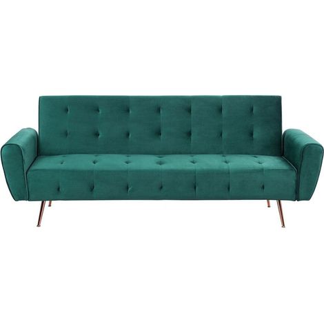Beliani – Canapé-lit convertible 3 places en velours vert émeraude – Pieds en métal cuivré – Surface de couchage 102x181 cm – Style glamour (1/5)