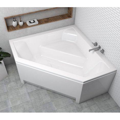 ECOLAM Badewanne IRMA 140 x 140 cm +  Schürze Eckwanne Eckbadewanne Fünfeckform symmetrisch Wanne Ablaufgarnitur Ab- und Überlauf Füße Silikon