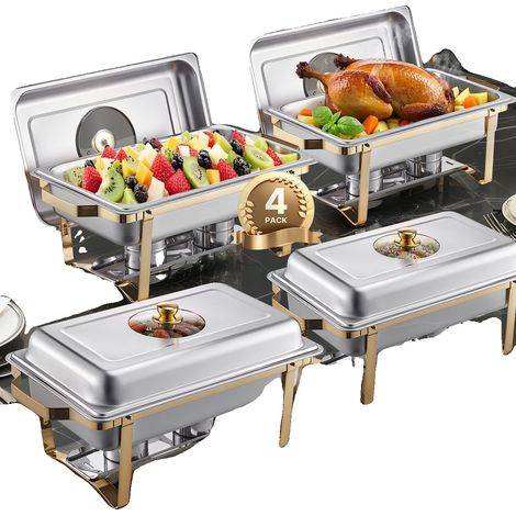 Set scaldavivande VEVOR, 2 pezzi, 4 qt, acciaio inox, 4 mezze vaschette, scaldavivande rettangolare, coperchio in vetro, vaschetta per l'acqua, supporto pieghevole, 4 pezzi (1/2)