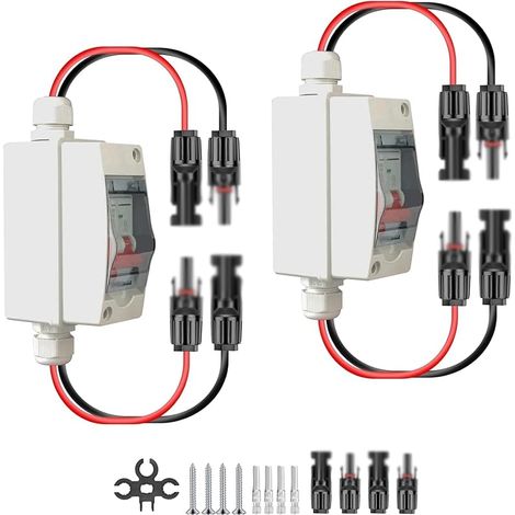 Lot de 2 disjoncteurs DC pour installation PV - Disjoncteur automatique - 2 pôles - 32 A - 500 V - Avec câble de 260 mm - Pour photovoltaïque - Étanche IP65 (1/5)