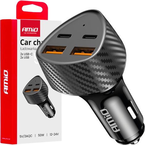 Cargador para coche de 50 W, 2 puertos USB-A + 2 puertos USB-C amio-04284 (1/5)