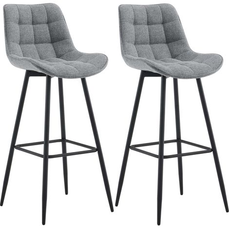Juego de 2 taburetes de bar con costuras cuadradas decorativas y reposapiés de tela gris cuatro patas de metal 100006387