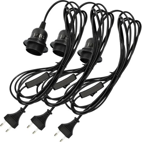 kwmobile Douille E27 x 3 avec interrupteur - Douille E27 noire avec câble d'alimentation de 3,5 m, bague de serrage, interrupteur - Suspension, Lampe suspendue (1/5)