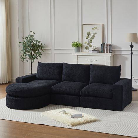 Sofá modular con chaise longue intercambiable a izquierda o derecha, tela negra y 4 módulos, asiento de espuma de alta densidad y cojines de apoyo – CHICFURN para salón (1/5)