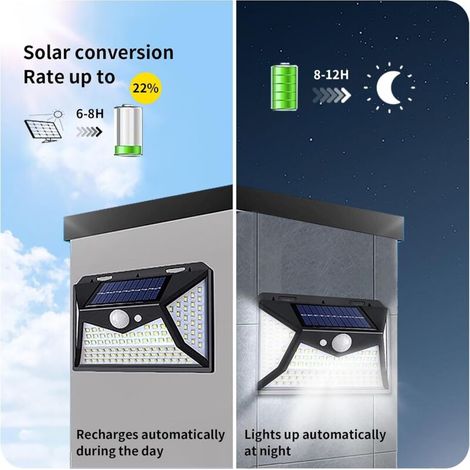 Lampes solaires d'extérieur, 100 LED, lot de 2, détecteur de mouvement solaire avec 3 modes d'éclairage, sans fil, étanches IP65, éclairage de sécurité solaire pour jardin, terrasse et cour.