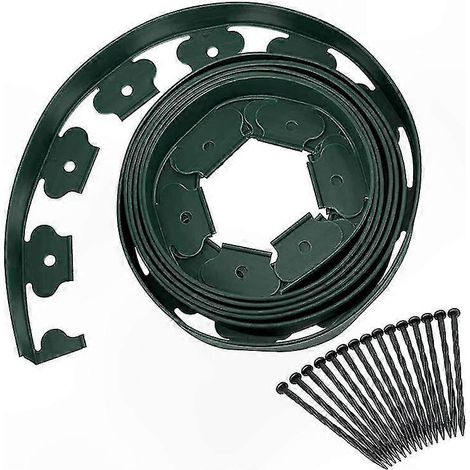 Bordure de jardin réglable 5cm x 5m, verte, avec 15 piquets de fixation inclus, idéale pour délimiter massifs et allées. (1/4)