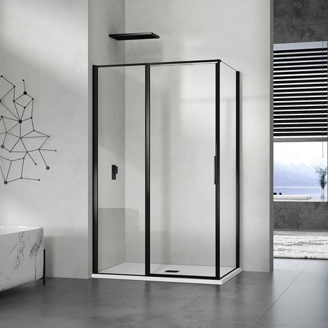 GRAND VERRE Cabine de douche en verre avec profilés en alu noir mat à ouverture pivotante avec partie fixe 140x100 (1/5)
