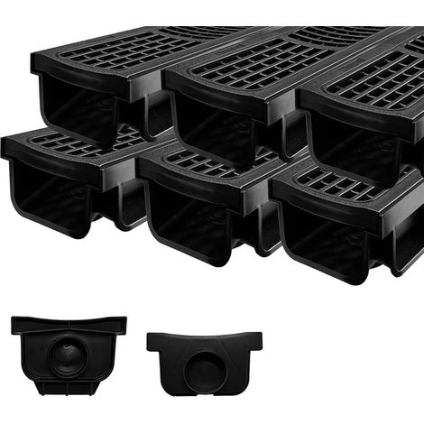 Lot de 6: 500x140x100 mm Caniveau Terrasse en PEHD Noir avec Grille, B125 caniveau extérieur de Drainage en PEHD, 3m, pour l'allée, Le Jardin, la terrasse, Le Garage, Le Cour (1/5)