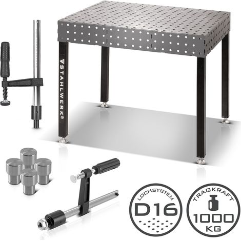 Set di tavoli per saldatura STAHLWERK - Robusto tavolo per saldatura e assemblaggio 3D con sistema di fori D16 e piano di lavoro da 6 mm come kit fai-da-te con viti e morsetti di fissaggio, nonché bul