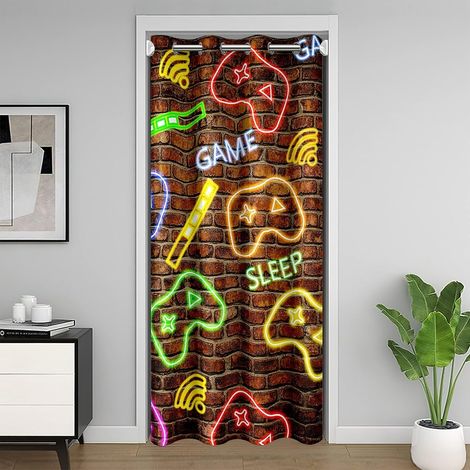 Neon Gamer Rideau de Porte 106x203cm Enfants Gamepad Rideau Occultant Rideaux pour garçons Filles Adolescents Console de Jeu Mur de Brique Respirable décor de Chambre à Coucher - 106L X 203H cm (1 Pan (1/5)