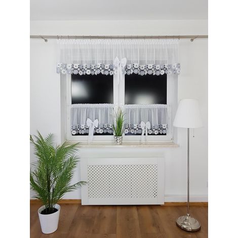 Juego de cortinas de cocina + estores color sable - encaje guipur con margaritas, lazos, cinta, blanco/gris (1/5)