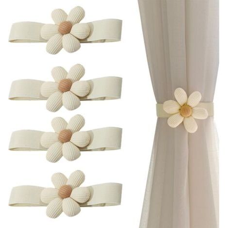 royaluxe-4 Pièces Embrasse pour Rideaux, Créatif Fleur Attache Rideau Corde Élastique, Embrasse Rideau avec Fleur, Mignon Embrasses à Rideaux, Attache Rideaux pour La Maison, Le Bureau Décoration,Beig