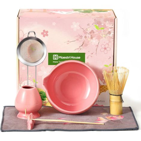 Matcha Kit, 7 Pièces Matcha Set Ceremonie Japonais, Fouet à Matcha, Bol Matcha, Cuillère à thé, Support de Fouet à Matcha, Tamis,Coffret Matcha, Amateurs de Matcha Idéal Cadeau (Rose) (1/5)