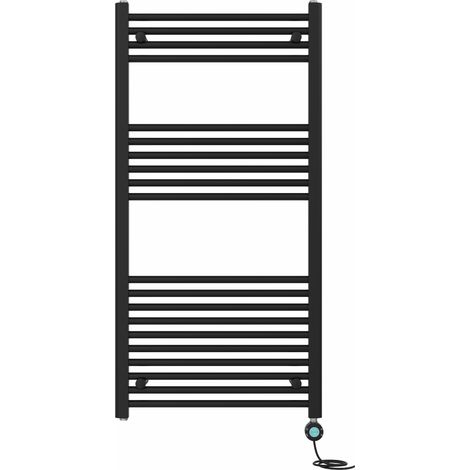 Pre-filled Bathroom Straight Electric Heated Towel Rail Radiator Thermostatic 1200x600mm Black