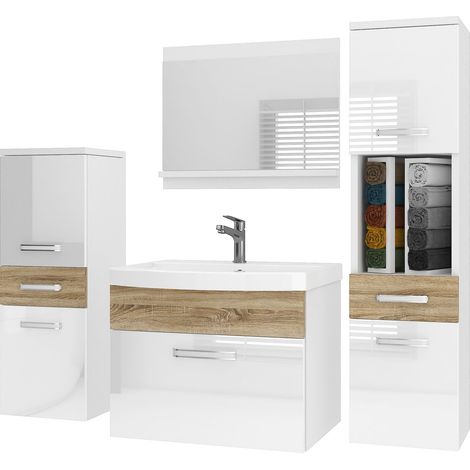 BELINI Meuble de Salle de Bain PRI PM5 120 cm - Meuble avec Vasque Céramique + Miroir avec Étagère - Suspendu - Blanc / Chêne Sonoma (1/5)
