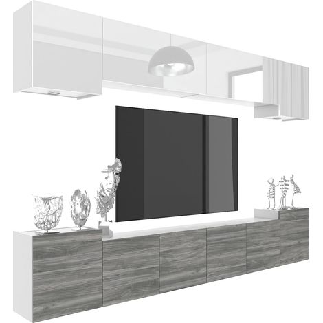 BELINI Meuble TV Mural Milano 4 300 cm - Suspendu avec Systeme Verin a Gaz - Blanc Brillant/Gris Mat (1/4)
