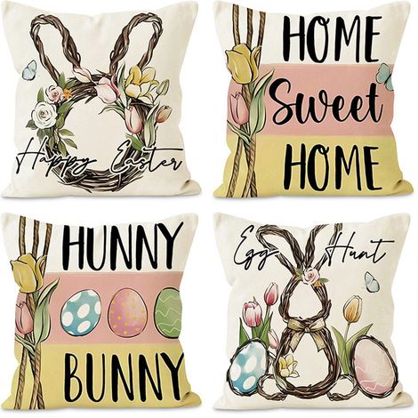 [4 Designs pro Packung] Kissenbezug mit Osterhasenmotiv, Leinenmuster, dekorativer Kissenbezug für das Wohnzimmersofa für die Feiertage (1/3)